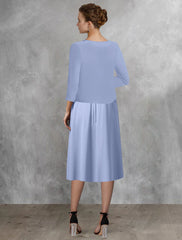 Two Piece A-Line Mother of the Bride Dress Wedding Guest Elegant Square Neck Tea Length Chiffon Lace Half Sleeve Wrap Included with Appliques Side-Draped