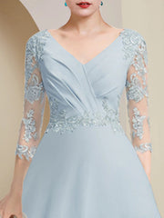 A-Line Mother of the Bride Dress Party Elegant V Neck Asymmetrical Lace Stretch Chiffon 3/4 Length Sleeve with Pleats