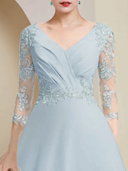 A-Line Mother of the Bride Dress Party Elegant V Neck Asymmetrical Lace Stretch Chiffon 3/4 Length Sleeve with Pleats Ruching