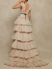 Aimishang A-Line Prom Dresses Elegant Dress Prom Sweep / Brush Train Sleeveless V Neck Tulle V Back with Ruffles