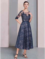 Aimishang  A-Line Mother of the Bride Dress Wedding Guest Elegant Scoop Neck Tea Length Lace Half Sleeve with Ruching Solid Color