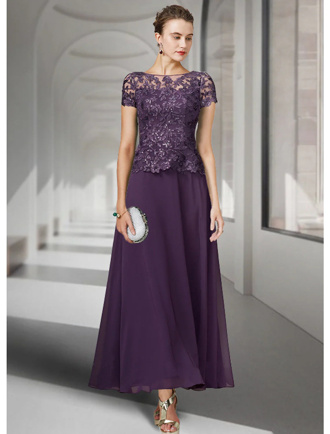 Aimishang A-Line Mother of the Bride Dress Elegant Jewel Neck Ankle Length Chiffon Lace Short Sleeve with Pleats Appliques