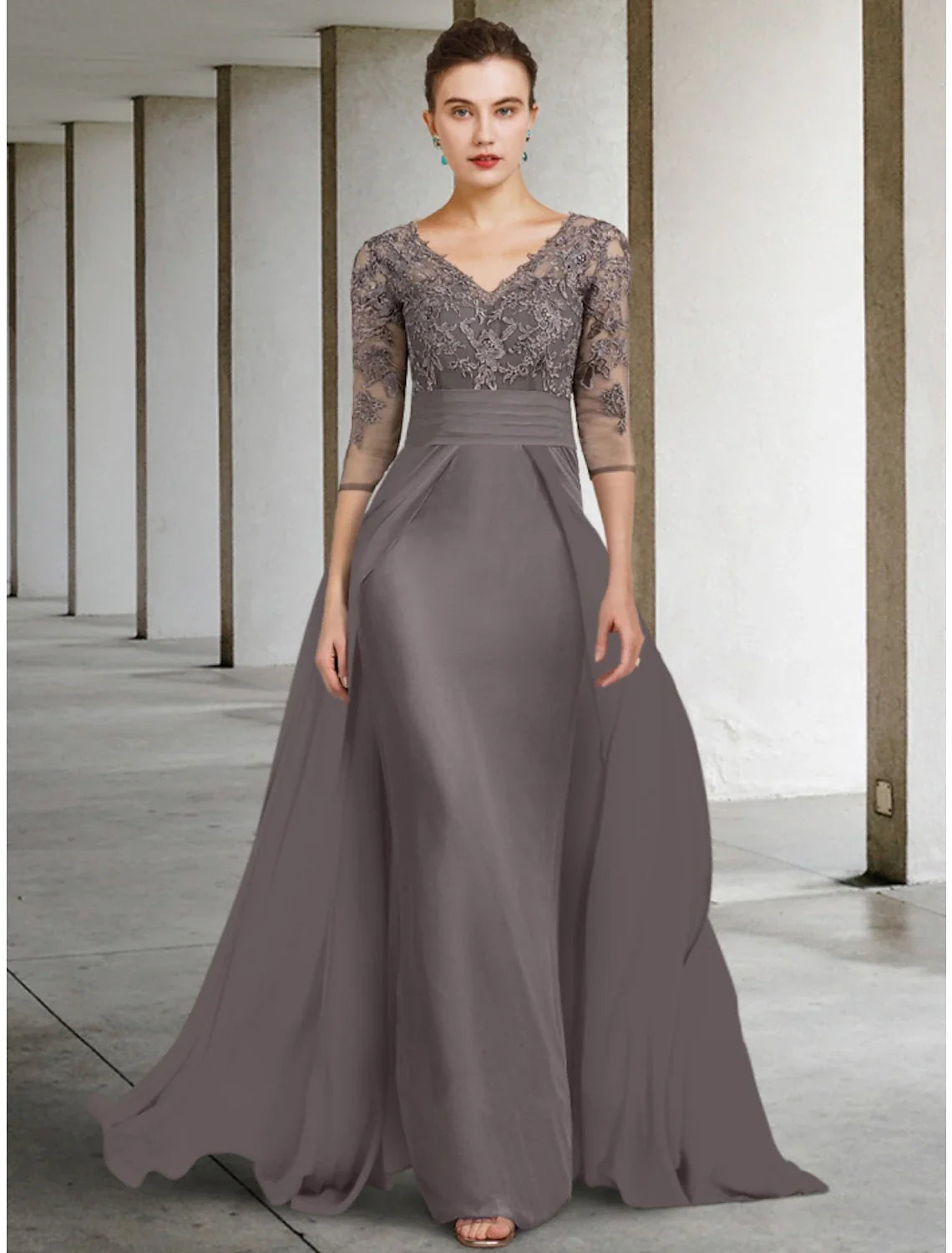 Aimishang  A-Line Mother of the Bride Dress Wedding Guest Elegant V Neck Floor Length Chiffon Lace Half Sleeve with Ruching Solid Color