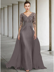 Aimishang  A-Line Mother of the Bride Dress Wedding Guest Elegant V Neck Floor Length Chiffon Lace Half Sleeve with Ruching Solid Color