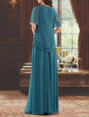 Aimishang A-Line Mother of the Bride Dress Formal Wedding Guest Elegant Jewel Neck Floor Length Chiffon Short Sleeve with Pleats Beading