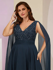 Plus Size Curve Mother of the Bride Dress Formal Party Elegant V Neck Floor Length Chiffon Lace Sleeveless with Pleats