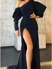A-Line Evening Gown Elegant Dress Formal Sweep / Brush Train Black Dress Long Sleeve One Shoulder Satin with Pleats Ruched Slit 2025