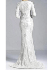 Aimishang Mermaid Party Dress Evening Gown Luxurious Dress Engagement Formal Evening Sweep / Brush Train Long Sleeve Jewel Neck Fall Wedding Guest Lace with Beading Appliques