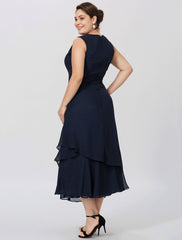 Aimishang  Sheath / Column Mother of the Bride Dress Formal Classic & Timeless Elegant & Luxurious Plus Size Jewel Neck Tea Length Chiffon 3/4 Length Sleeve yes with Pleats Tiered