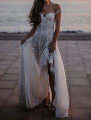 Aimishang Beach Open Back Boho Wedding Dresses A-Line Off Shoulder Cap Sleeve Court Train Lace Bridal Gowns With Appliques Solid Color