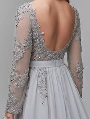 A-Line Luxurious Engagement Formal Evening Dress Illusion Neck V Back Low Back Long Sleeve Chapel Train Chiffon with Sequin Appliques 2024 / Illusion Sleeve
