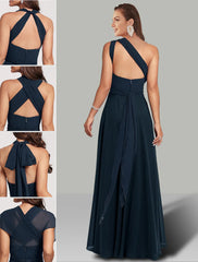 A-Line Wedding Guest Dresses Infinity Dress Wedding Party Floor Length Short Sleeve Halter Convertible Chiffon with Ruched