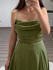 A-Line Evening Gown Elegant Dress Formal Floor Length Sleeveless Spaghetti Strap Italy Satin with Ruched