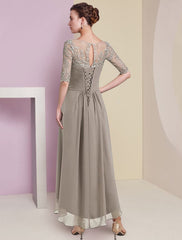 Aimishang Two Piece A-Line Mother of the Bride Dress Formal Wedding Guest Elegant High Low V Neck Asymmetrical Tea Length Chiffon Lace Half Sleeve Wrap Included with Ruched Appliques