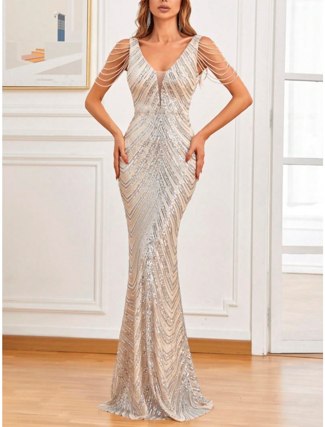 Mermaid / Trumpet Evening Gown Sparkle & Shine Dress Formal Wedding Guest Sweep / Brush Train Sleeveless V Neck Sequined with Glitter