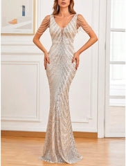 Mermaid / Trumpet Evening Gown Sparkle & Shine Dress Formal Wedding Guest Sweep / Brush Train Sleeveless V Neck Sequined with Glitter