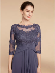Aimishang A-Line Mother of the Bride Dress Wedding Guest Elegant Scoop Neck Ankle Length Chiffon Lace 3/4 Length Sleeve with Ruching Solid Color