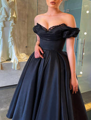 A-Line Prom Black Dress Vintage Dress Masquerade Wedding Party Tea Length Short Sleeve Off Shoulder Fall Wedding Guest Satin with Ruched