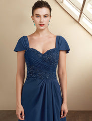Aimishang  A-Line Mother of the Bride Dress Wedding Guest Elegant High Low Square Neck Asymmetrical Tea Length Chiffon Lace Cap Sleeve Fall Wrap Included with Sequin Appliques Side-Draped
