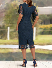 Aimishang  Sheath / Column Mother of the Bride Dress Wedding Guest Elegant Jewel Neck Tea Length Lace Short Sleeve with Solid Color