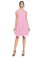Aimishang A-Line Mother of the Bride Dress Plus Size Elegant Illusion Neck Knee Length Chiffon Lace Short Sleeve with Sequin