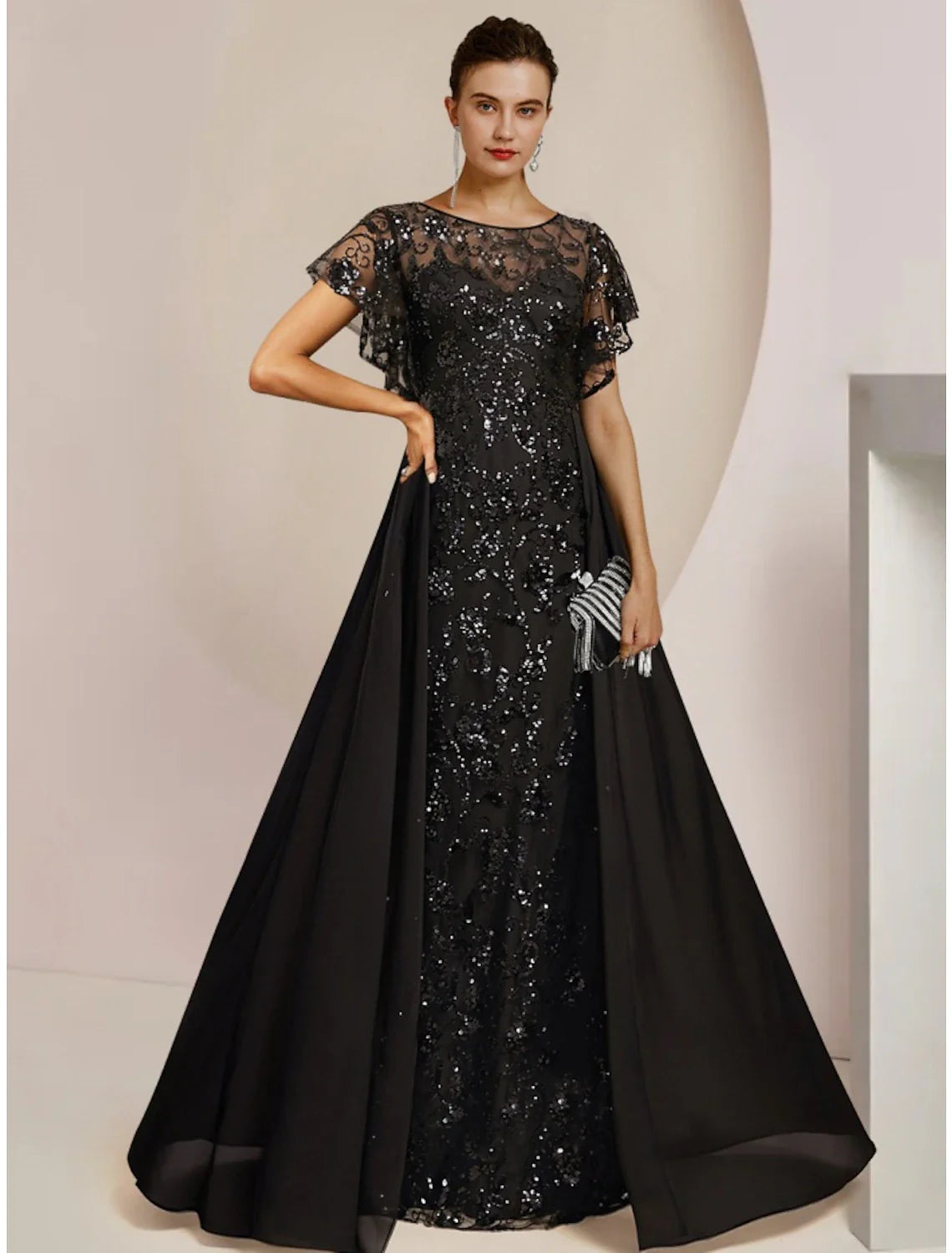 Aimishang  A-Line Mother of the Bride Dress Wedding Guest Elegant Scoop Neck Floor Length Chiffon Lace Sequined Short Sleeve with Sequin Ruching Solid Color