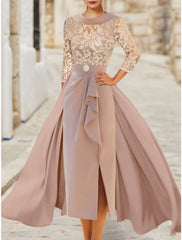 Aimishang A-Line Mother of the Bride Dress Wedding Guest Elegant Scoop Neck Ankle Length Satin Lace 3/4 Length Sleeve with Ruffles Split Front Ruching