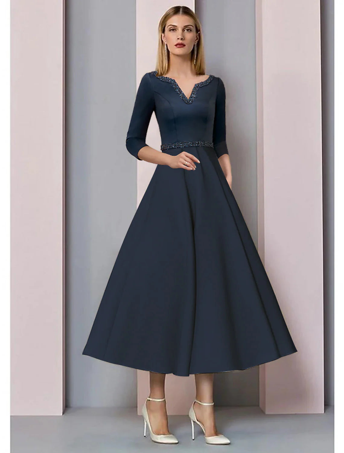 Aimishang  A-Line Mother of the Bride Dress Wedding Guest Vintage Elegant V Neck Tea Length Satin Short Sleeve with Pleats Beading