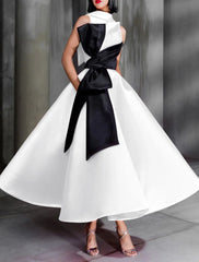 Ball Gown Color Block Celebrity Style Elegant Prom Formal Evening Birthday Dress Christmas Red Green Dress High Neck Sleeveless Ankle Length Satin with Bow(s) 2025