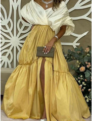A-Line Evening Gown Elegant Dress Formal Sweep / Brush Train Formal Red Green Dress Half Sleeve Off Shoulder Satin with Pleats Slit