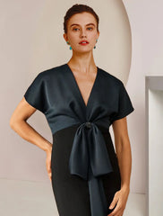 Aimishang  Sheath / Column Mother of the Bride Dress Formal Wedding Guest Party Elegant Jewel Neck Floor Length Satin Short Sleeve with Bow(s) Color Block