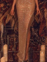 Mermaid / Trumpet Evening Gown Sparkle & Shine Dress Formal Wedding Floor Length Sleeveless V Neck The Great Gatsby Sequined with Fringe Pearls Tassel