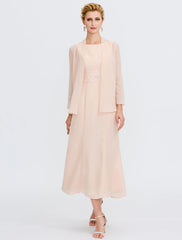 Aimishang  Two Piece Sheath / Column Mother of the Bride Dress Wedding Guest Plus Size Elegant with Jacket Long Sleeve Scoop Neck Tea Length Chiffon Sash / Ribbon Pleats Beadin
