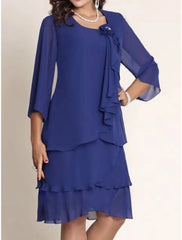Aimishang Sheath / Column Mother of the Bride Dress Wedding Guest Elegant Petite Scoop Neck Knee Length Chiffon 3/4 Length Sleeve with Ruffles Appliques