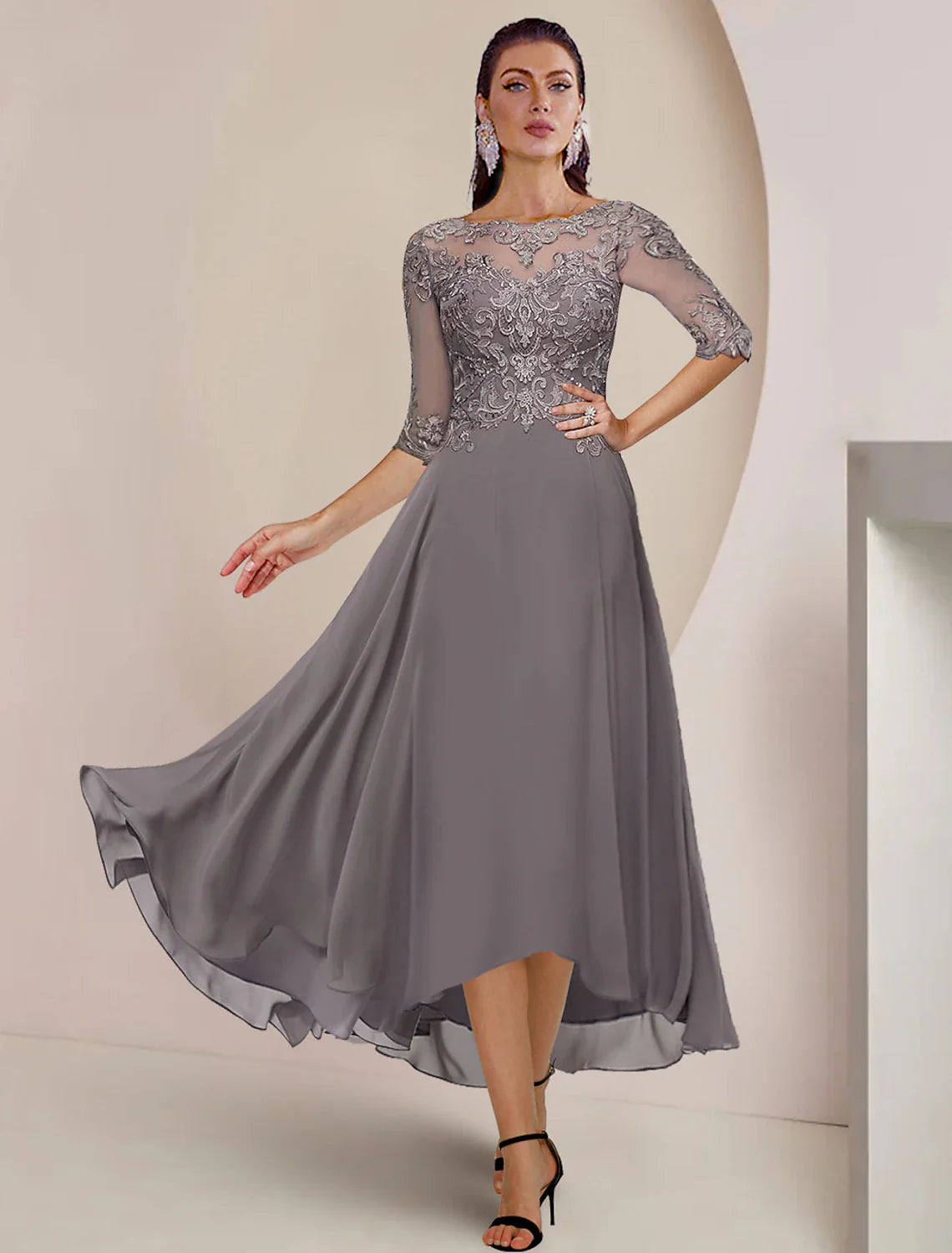 Aimishang A-Line Mother of the Bride Dress Formal Wedding Guest Elegant High Low Scoop Neck Asymmetrical Tea Length Chiffon Lace Half Sleeve with Pleats Appliques