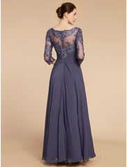 Aimishang A-Line Mother of the Bride Dress Wedding Guest Elegant Scoop Neck Floor Length Chiffon Lace 3/4 Length Sleeve with Ruching Solid Color