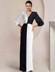 Aimishang Sheath / Column Mother of the Bride Dress Formal Wedding Guest Party Elegant V Neck Floor Length Stretch Satin 3/4 Length Sleeve with Color Block