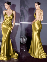 Mermaid / Trumpet Evening Gown Elegant Dress Wedding Guest Engagement Sweep / Brush Train Sleeveless Spaghetti Strap Satin with Criss Cross Ruched