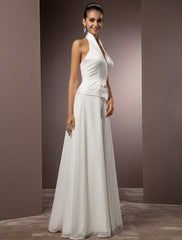 Hall Wedding Dresses Sheath / Column Halter Sleeveless Floor Length Satin Bridal Gowns With Sash / Ribbon  Summer Wedding Party  Women's Clothing