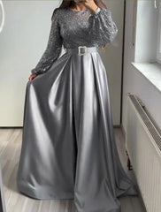 Aimishang A-Line Evening Gown Elegant Dress Wedding Black Tie Floor Length Long Sleeve Jewel Neck Fall Wedding Guest Satin with Sequin
