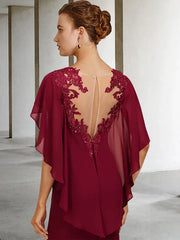 Mermaid / Trumpet Mother of the Bride Dress Vintage Elegant Square Neck Sweep / Brush Train Chiffon Short Sleeve with Ruffles Appliques