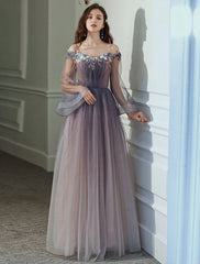 Aimishang A-Line Minimalist Elegant Party Wear Prom Dress Off Shoulder Long Sleeve Floor Length Tulle with Appliques