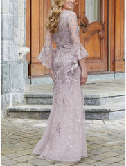 Aimishang A-Line Mother of the Bride Dress Wedding Guest Elegant V Neck Floor Length Lace Long Sleeve with Ruching Solid Color
