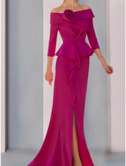 Aimishang A-Line Mother of the Bride Dress Wedding Guest Elegant Off Shoulder Sweep / Brush Train Stretch Fabric 3/4 Length Sleeve with Ruffles Split Front Ruching