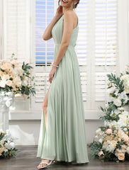 A-Line Bridesmaid Dress Halter Short Sleeve Elegant Floor Length Chiffon with Split Front / Ruching