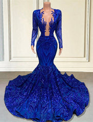 Mermaid / Trumpet Evening Gown Sparkle & Shine Dress Carnival Formal Court Train Long Sleeve V Neck African American Sequined with Beading Sequin