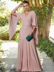Aimishang  A-Line Mother of the Bride Dress Formal Wedding Guest Elegant V Neck Floor Length Chiffon Long Sleeve with Pleats