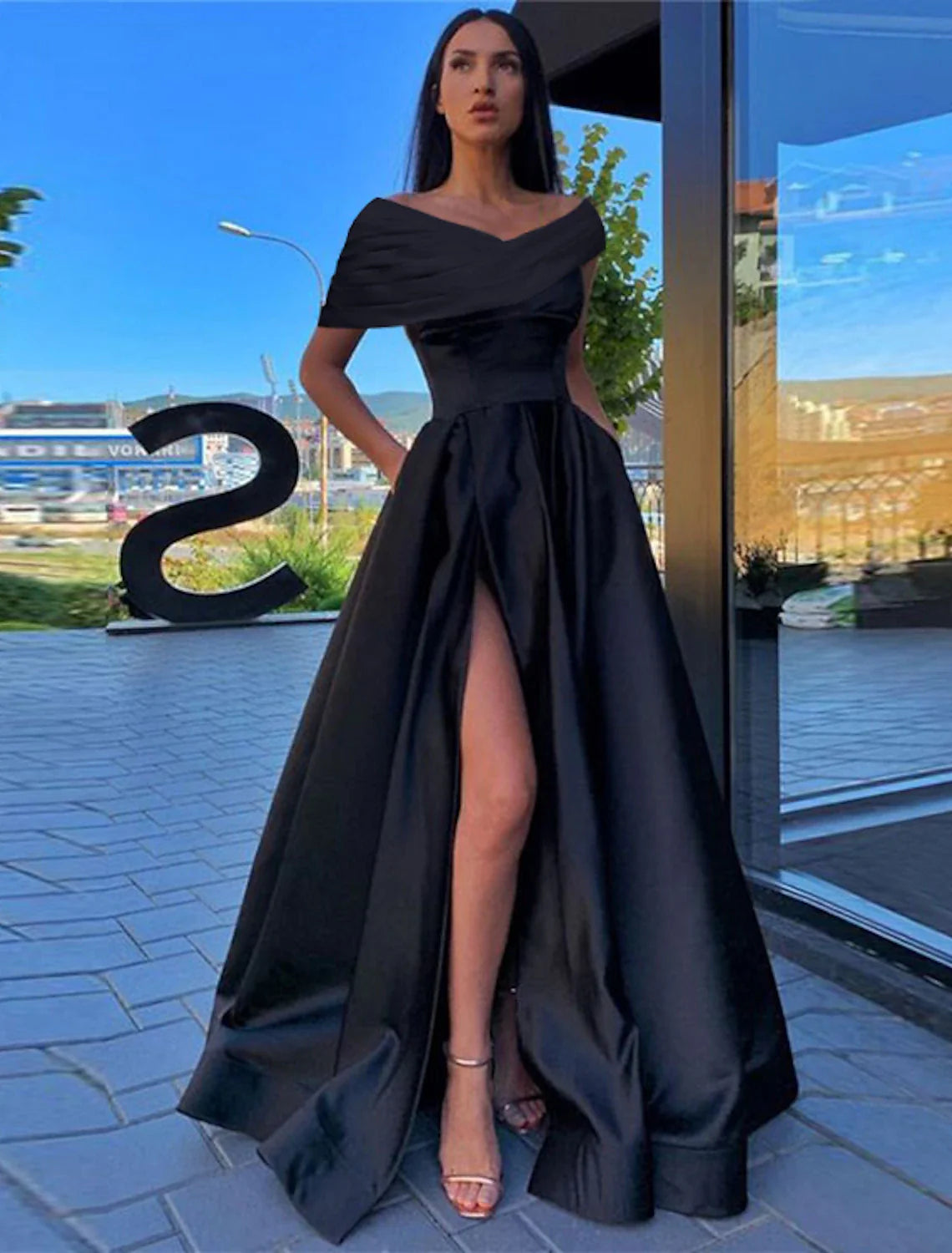 Aimishang A-Line Prom Dresses Black Dress Formal Wedding Party Floor Length Short Sleeve Off Shoulder Satin with Ruched Slit