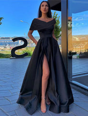 Aimishang A-Line Prom Dresses Black Dress Formal Wedding Party Floor Length Short Sleeve Off Shoulder Satin with Ruched Slit