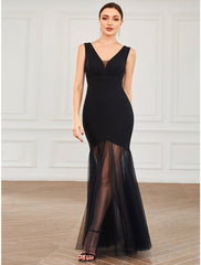 Mermaid / Trumpet Evening Gown Elegant Dress Wedding Guest Formal Evening Floor Length Sleeveless V Neck Tulle V Back with Draping Pure Color